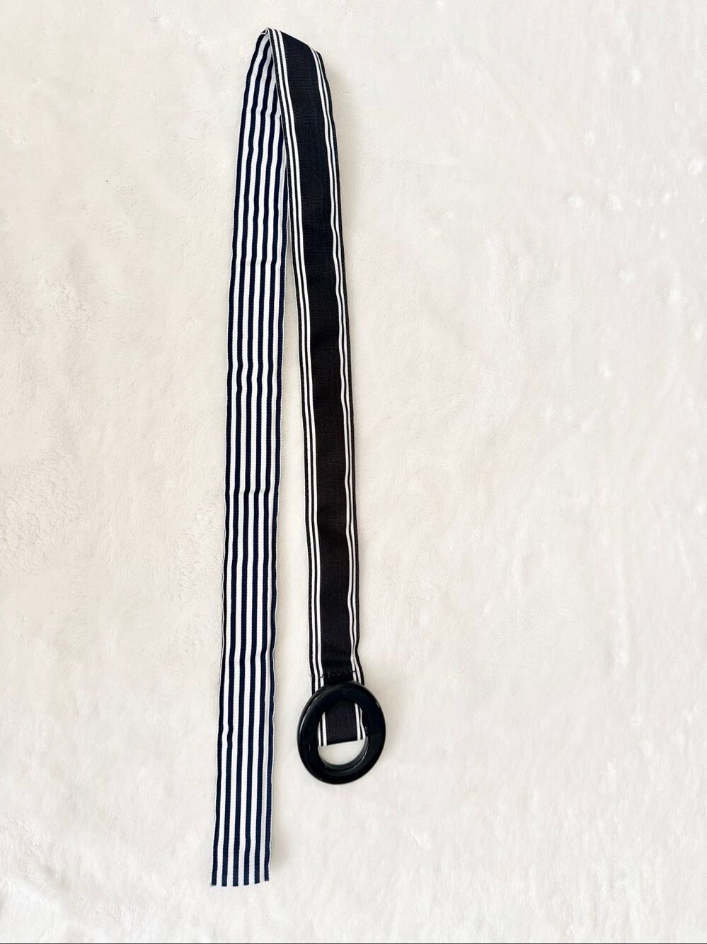 Eliza B Navy & White Striped Ribbon Belt Oversized Black Resin Buckle Preppy